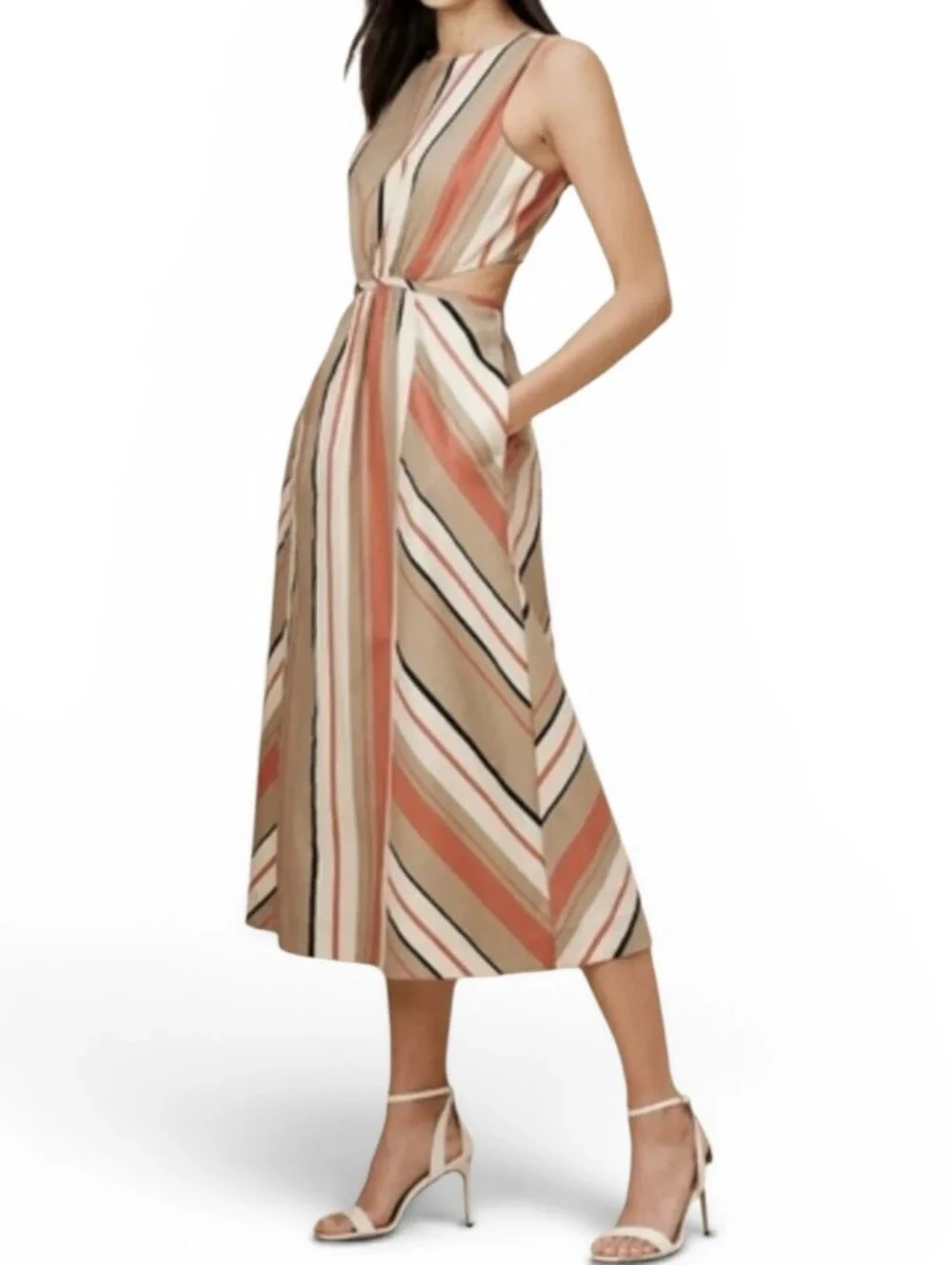 Banana Republic LINEN Blend Cut-Out Midi Dress with Pockets Size 8 Striped Chic - Picture 1 of 13